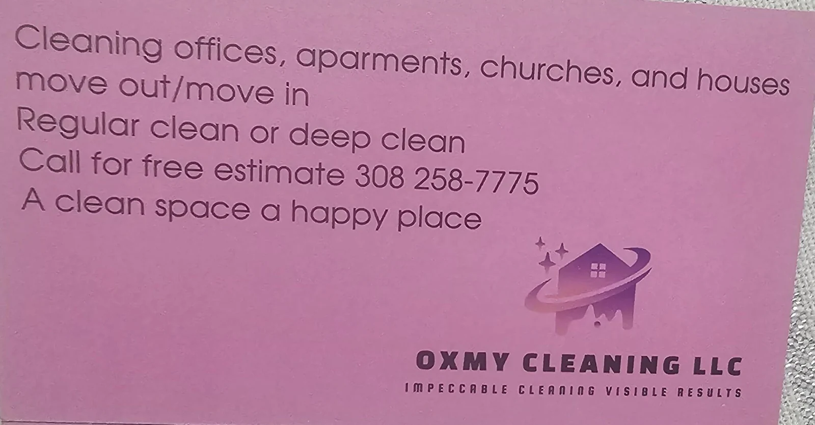 Oxmy’s pink flyer advertising houses, apartments, offices, churches, regular, deep and move-in/out cleaning